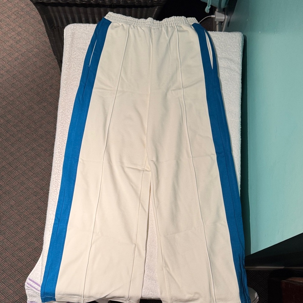 nude Wide-Leg Track Pants with Blue Side Stripes